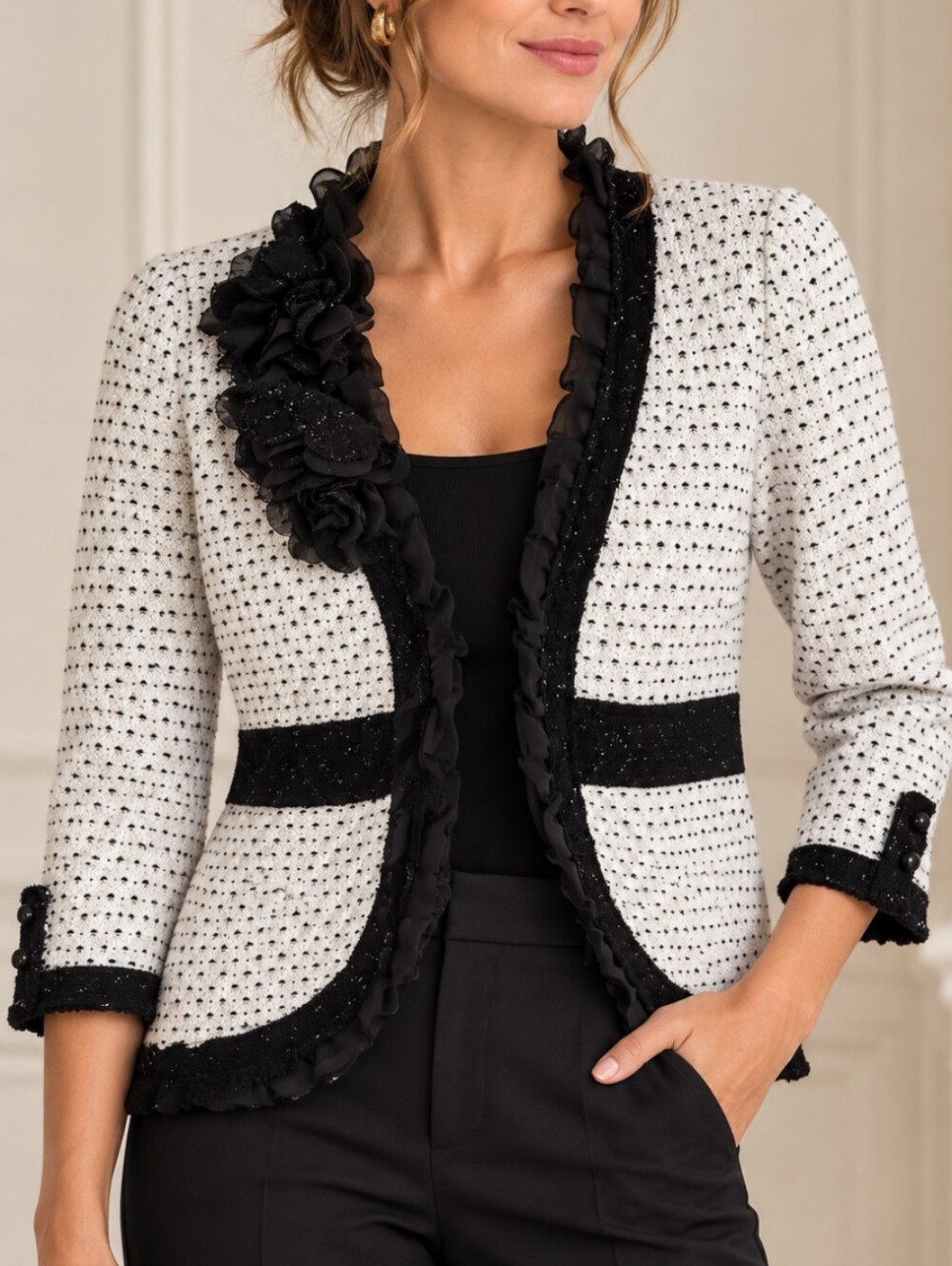 NEW White House Black Market Boucle Tweed Floral Ruffle Jacket XS